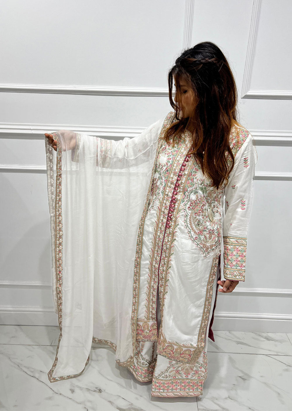 SJ1005 White Readymade Fancy Raw Silk Suit - Memsaab Online