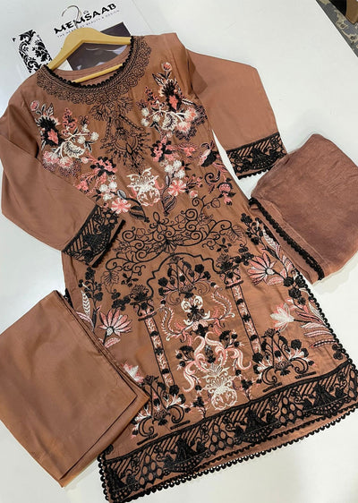 UMR103 Brown Embroidered Linen Suit - Memsaab Online