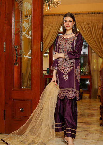 KLD315 Esaaf - Purple Readymade Khadi Net Suit - Memsaab Online
