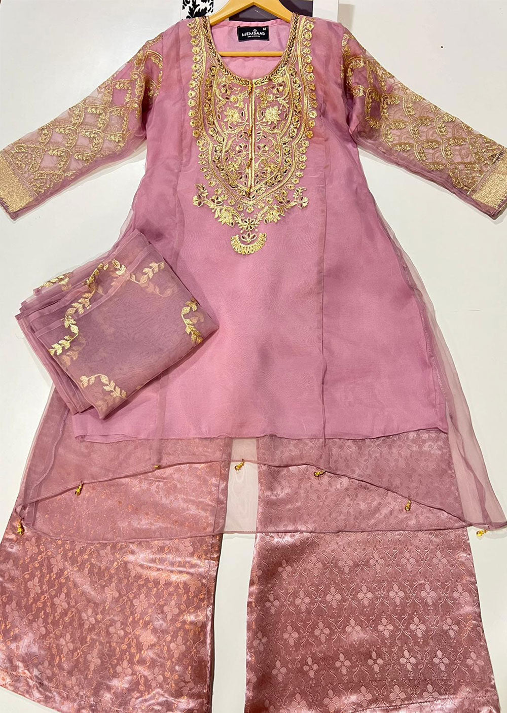 Pink Readymade Organza Pant Suit With Wevon Designer Hand Work