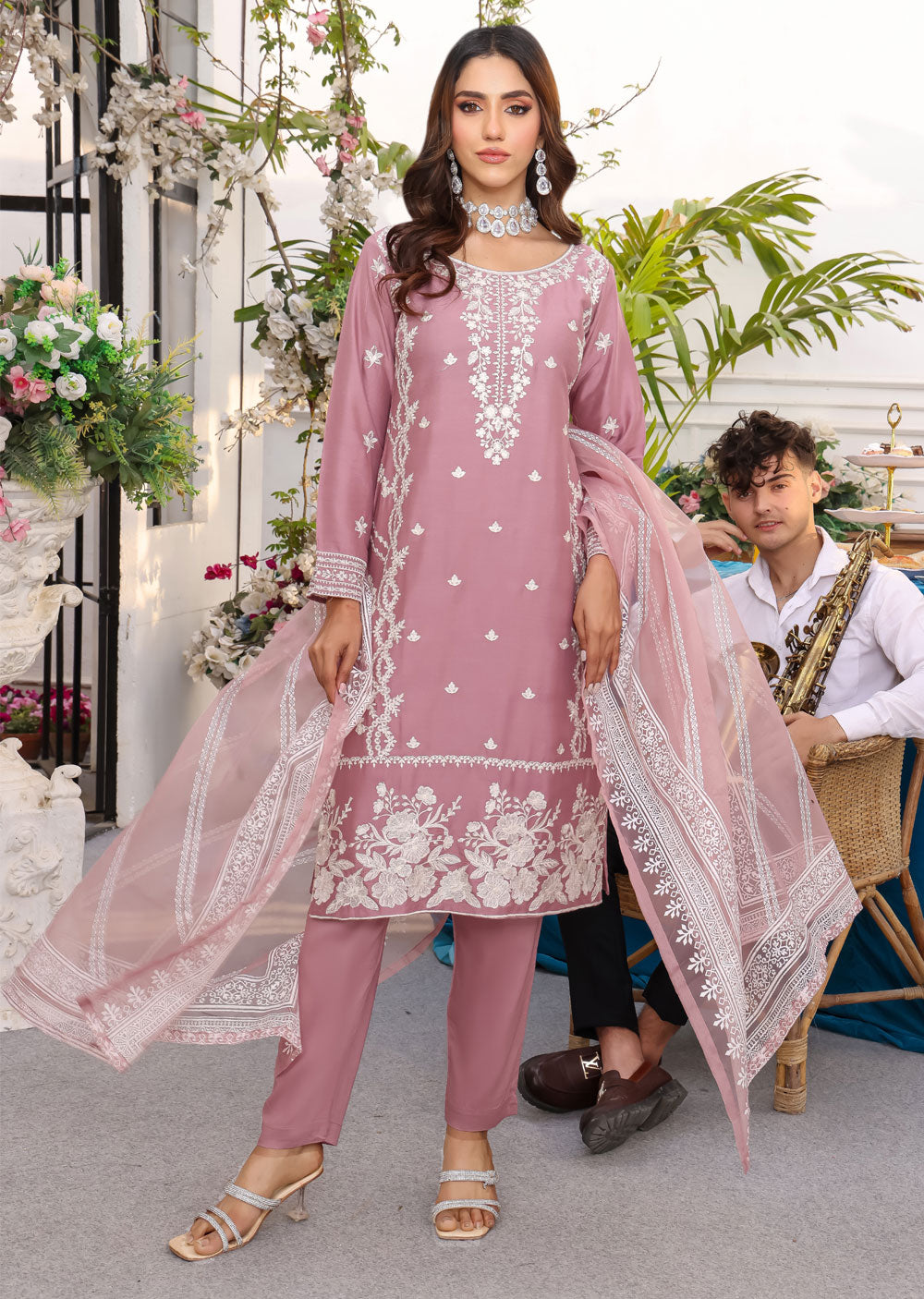 Mauve Trendy Designer Readymade Pant Suit With Embroidery Work