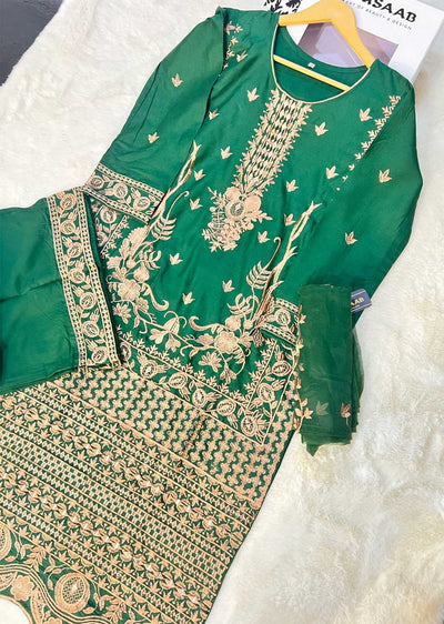 HK263 - Green Readymade Linen Suit - Memsaab Online