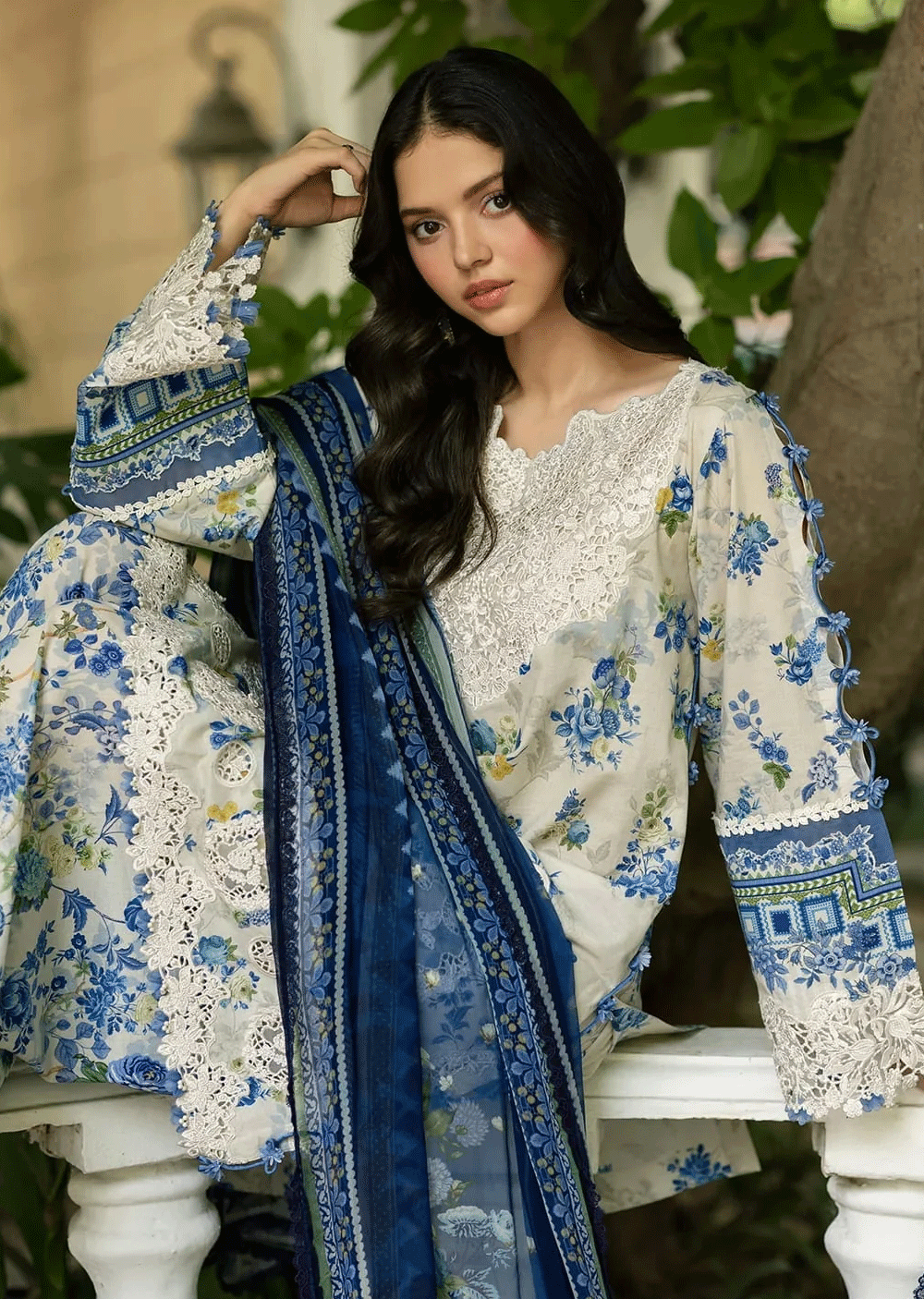 blue gold button blazer dress ESG-08B CELINE Embroidered Prints with Chiffon 26 – Memsaab