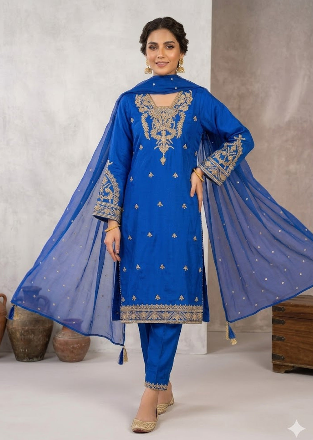 ALA-107 Royal Blue Embroidered Silk Suit Set – Memsaab
