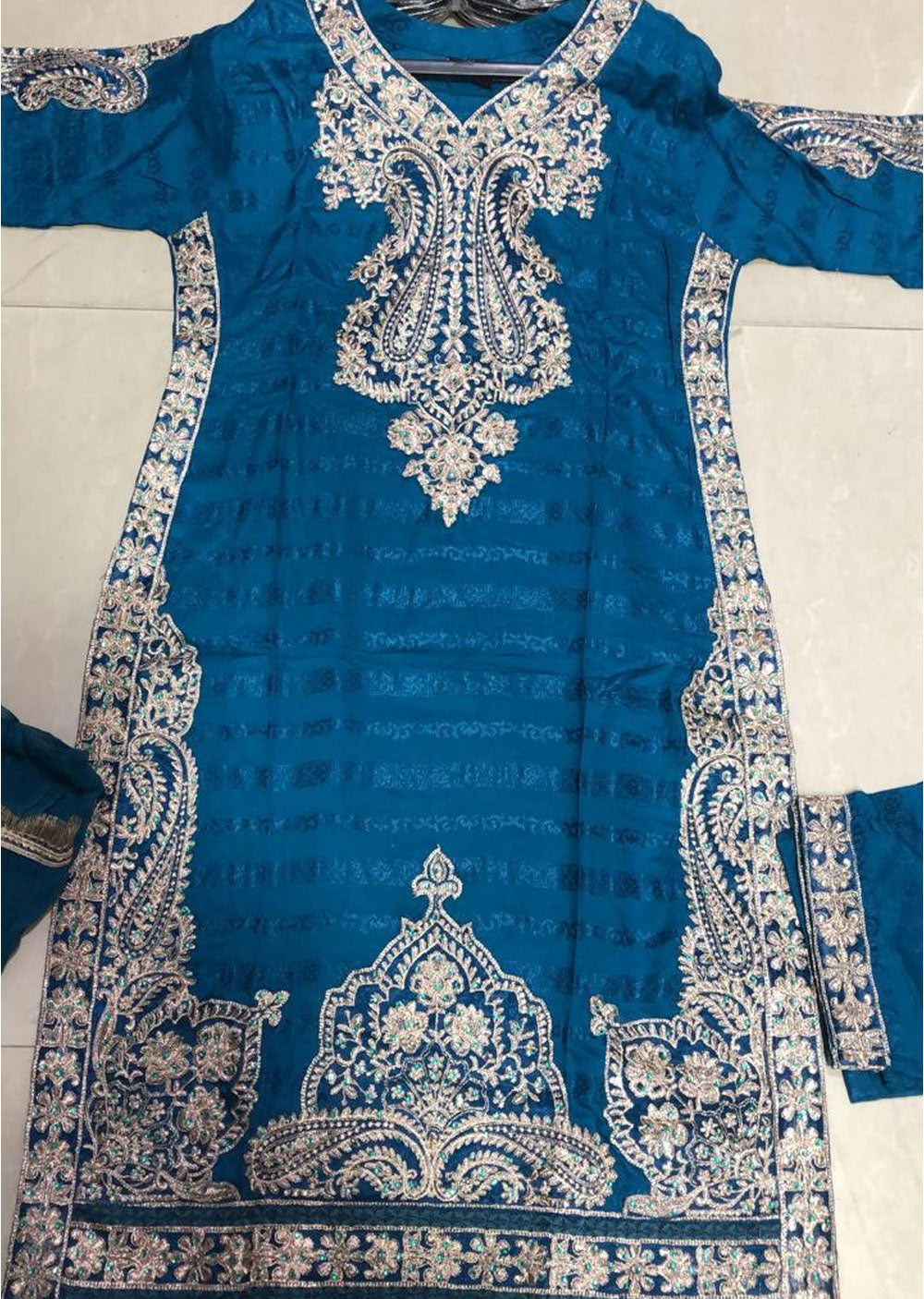 Teal Designer Readymade Pant Suit With Embroidery Work main image 1