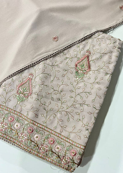 OP2551 - Beige - Unstitched - Embroidered Linen Suit - Memsaab Online