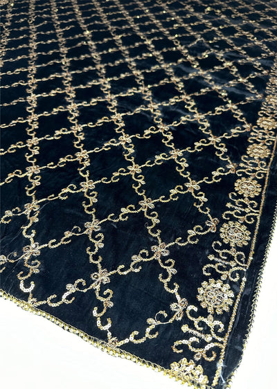 SMSH909 Black Embroidered Velvet Shawl - Memsaab Online