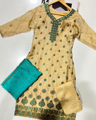 HSS-70 Gold/Turquoise Readymade Cotton Suit - Memsaab Online