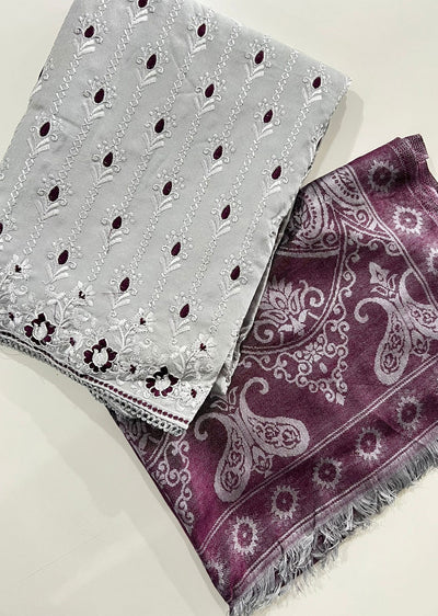 OP2725 - Grey/Purple - Unstitched - Embroidered Linen Suit - Memsaab Online