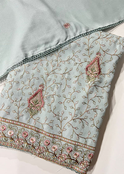 OP2551 - Mint - Unstitched - Embroidered Linen Suit - Memsaab Online