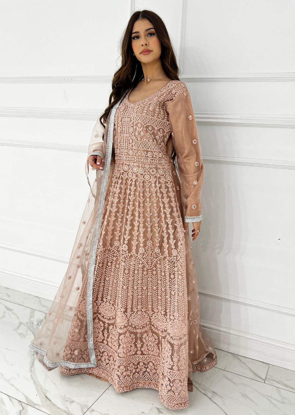 RH2109 Mayal - Peach Fancy Net Maxi Dress  Memsaab