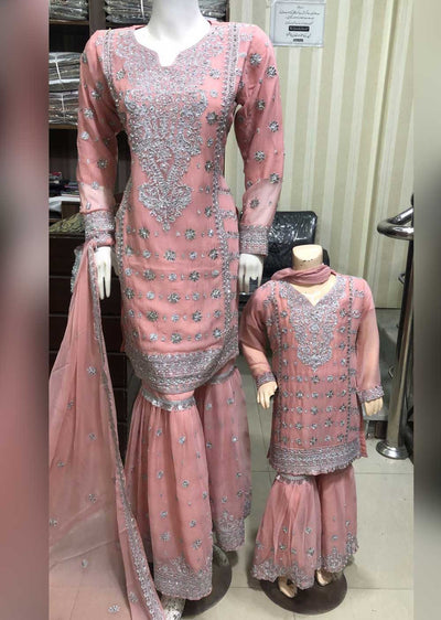 SHAZ6564 Pink/Grey Readymade Mother & Daughter Dress - Memsaab Online