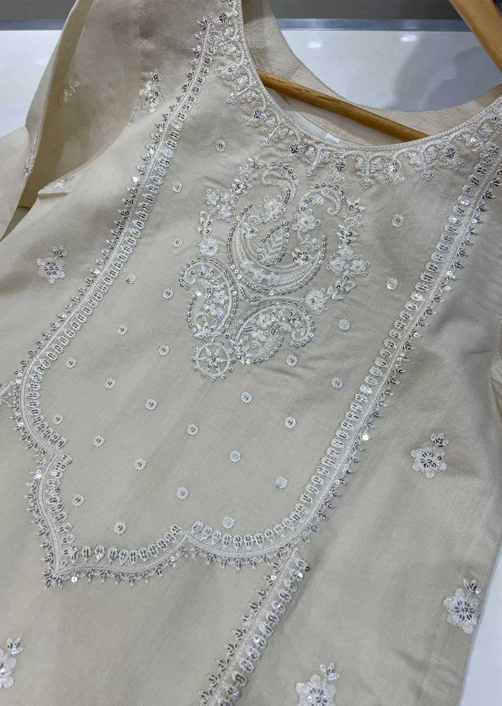 KLD129 Cream Readymade Winter Cotton Net Suit - Memsaab Online