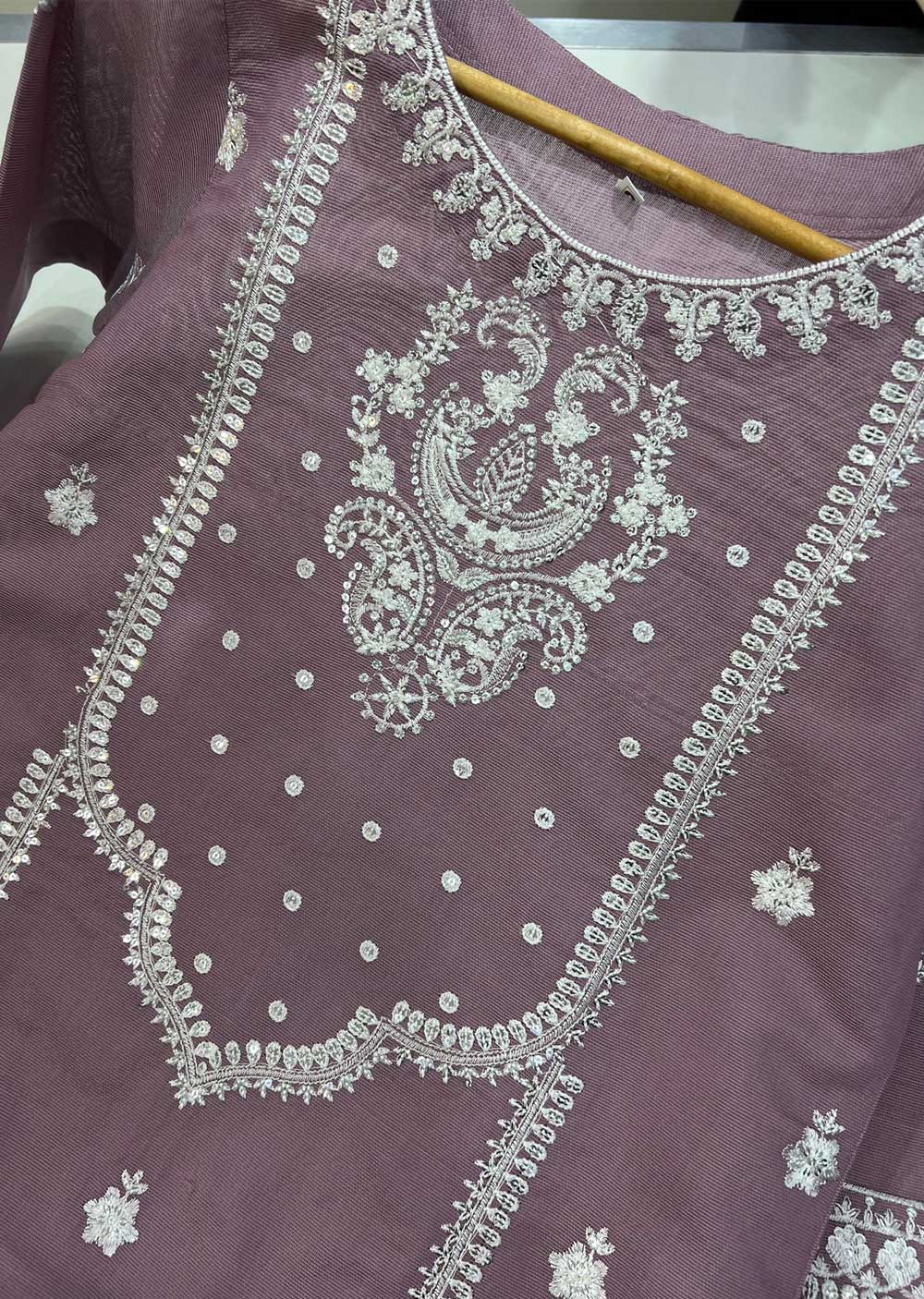KLD129 Lilac Readymade Winter Cotton Net Suit - Memsaab Online