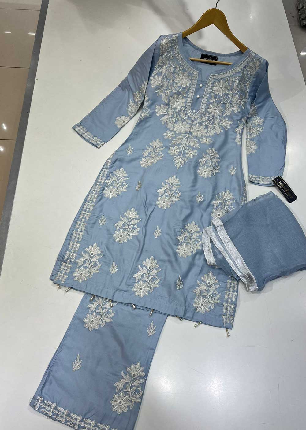 HK189 Meerab Readymade Baby Blue Linen Suit Memsaab