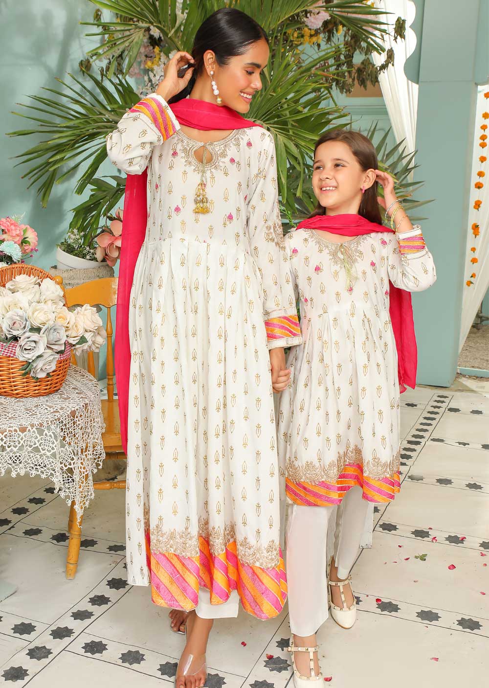 HK135 Arya Readymade White Mother & Daughter Linen Dress Memsaab HK135 Arya Readymade White Mother & Daughter Linen Dress Memsaab