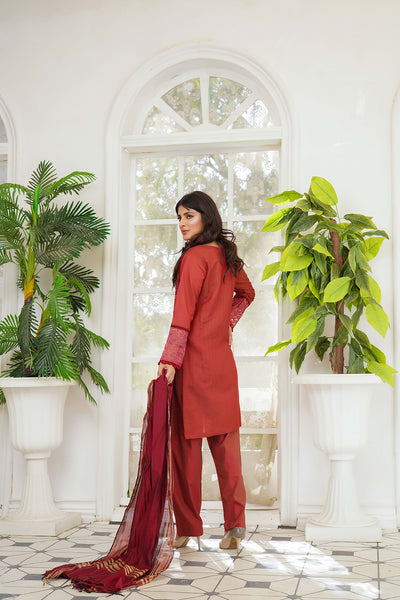 KLD127 Red Readymade Winter Cotton Net Suit - Memsaab Online