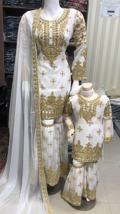 TZ-08 White Readymade - Mother & Daughter Chiffon Suit by Sha Zaib 2023 - Memsaab Online
