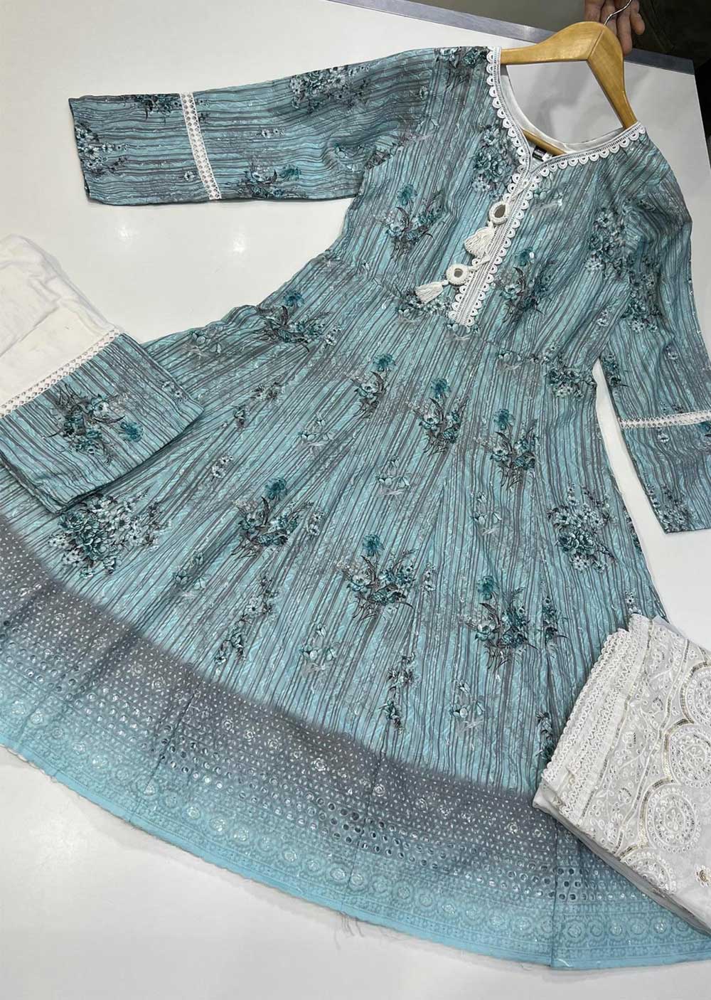 RGZ9915 Aqua Embroidered Linen Dress  Memsaab