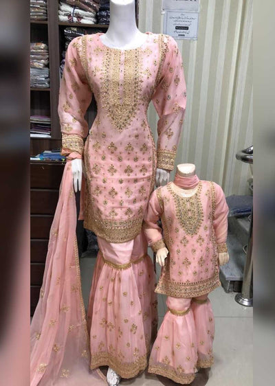 SHAZ6545 Baby Pink Readymade Shararah Mother & Daughter Suit - Memsaab Online