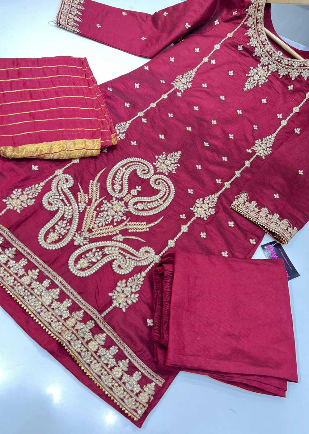 KLD119 Red Readymade Winter Cotton Net Suit - Memsaab Online