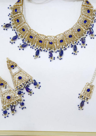 Mahrukh -Royal Blue- Aari Gold Plated Necklace Set with Fresh Water Pearls - Memsaab Online