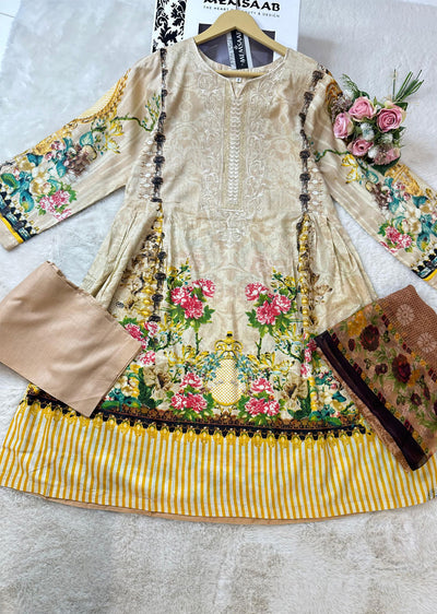 AMT48016 - Gold Readymade Lawn Suit - Memsaab Online