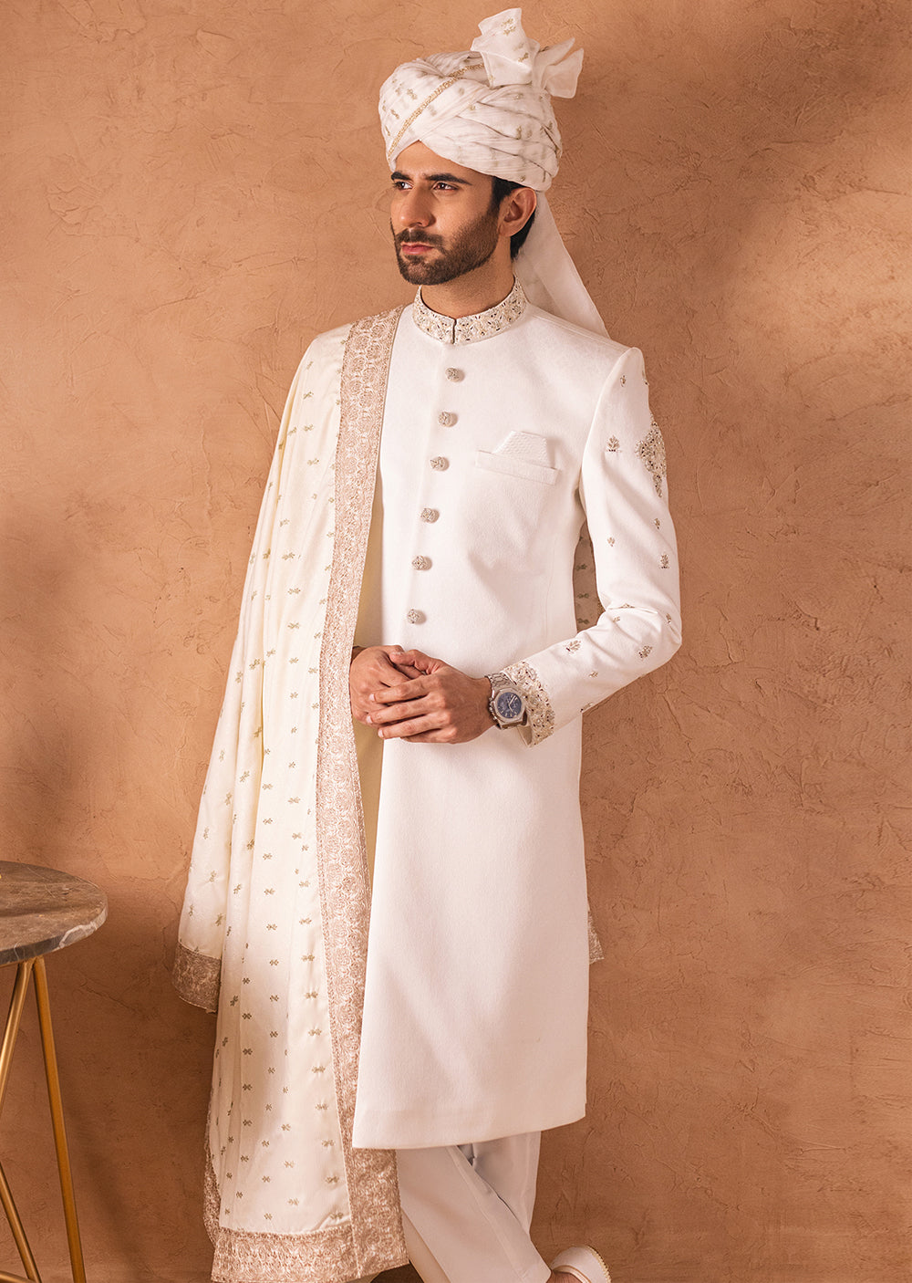 SHR-17 Mens Premium Cream Sherwani - Memsaab Online