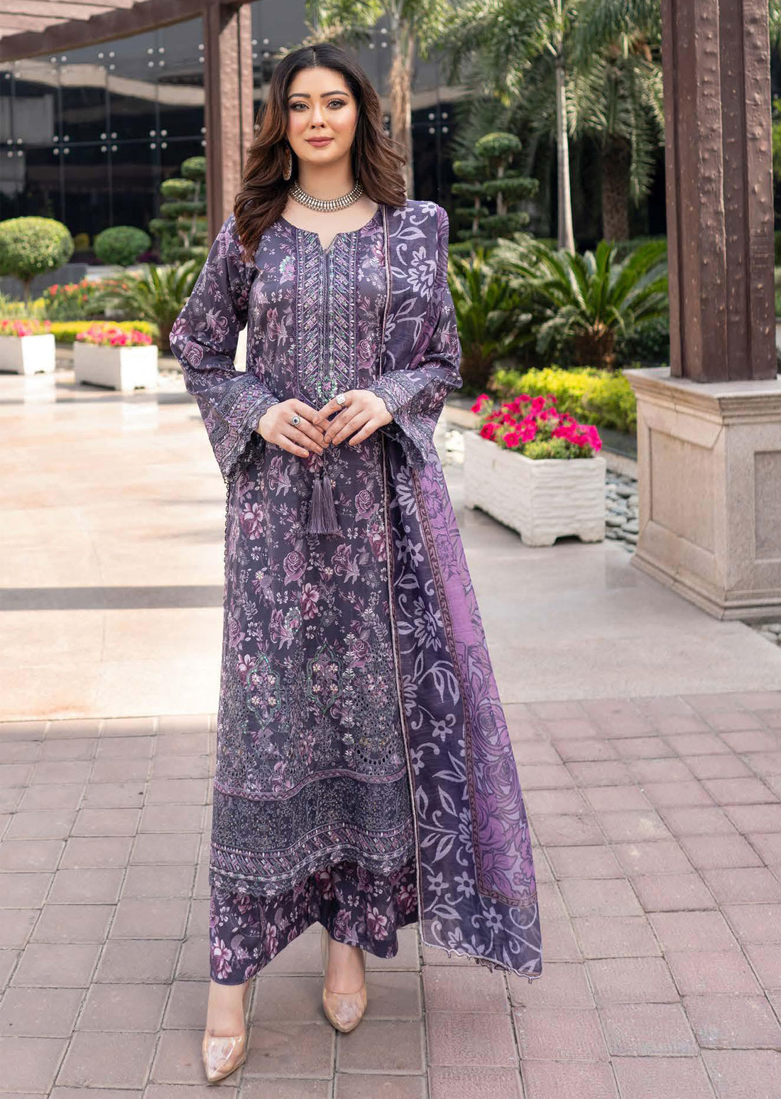 MSSL-01 Purple Munira Digital lawn Suit - Memsaab Online