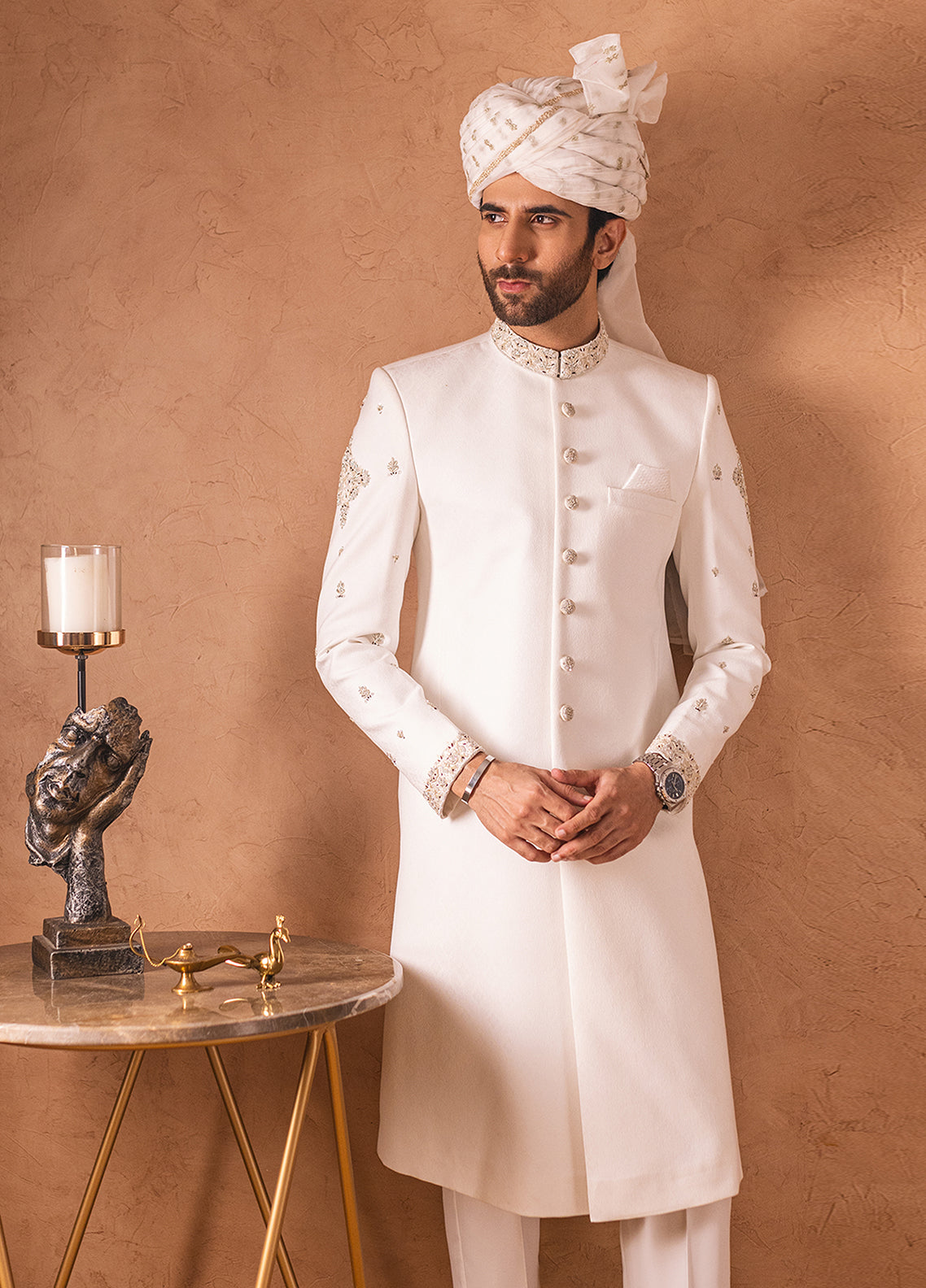 SHR-17 Mens Premium Cream Sherwani - Memsaab Online