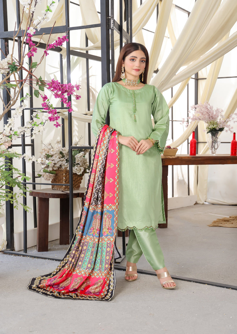 HK265 Zarora - Green Readymade Raw Silk Mummy n Me Suit - Memsaab Online