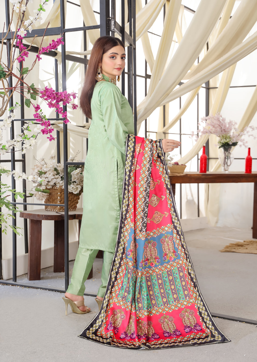 HK265 Zarora - Green Readymade Raw Silk Mummy n Me Suit - Memsaab Online