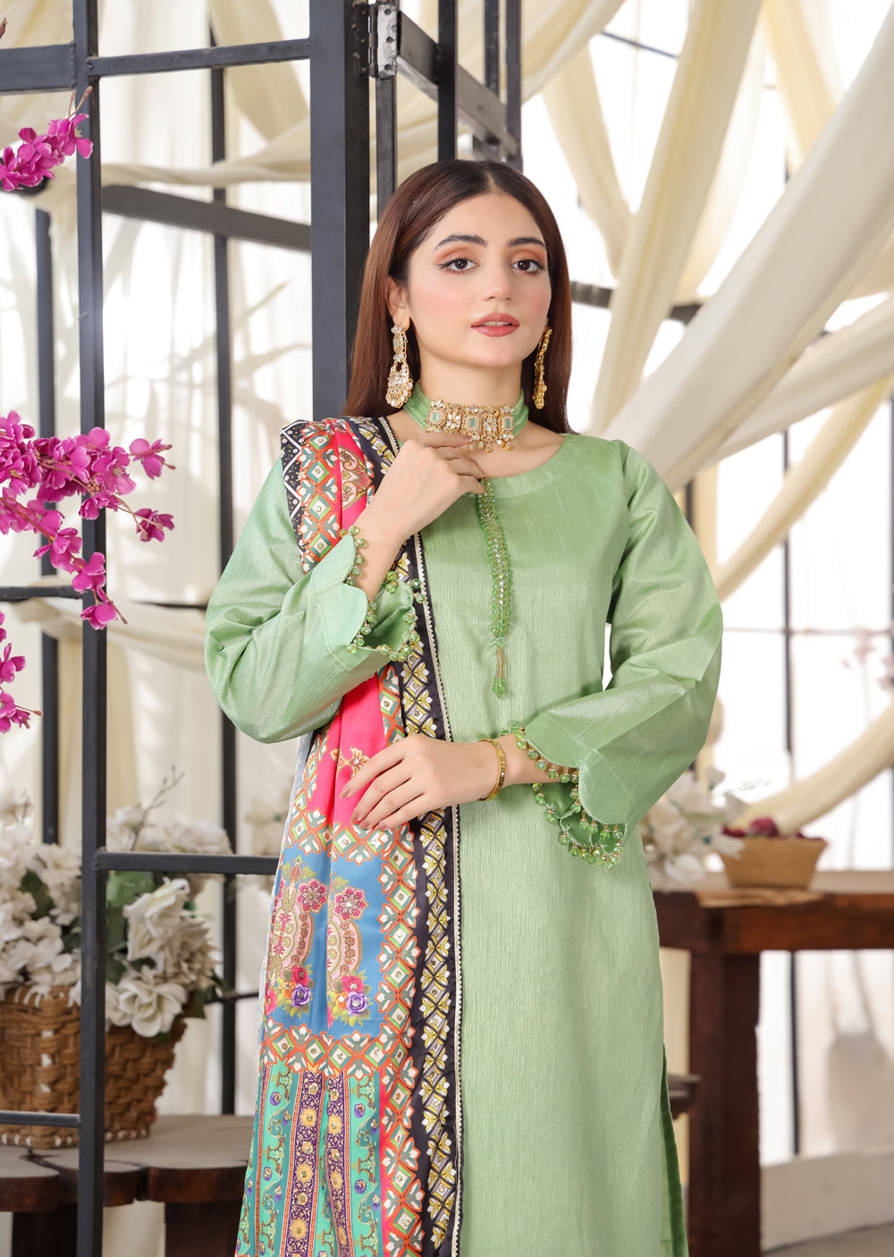 HK265 Zarora - Green Readymade Raw Silk Mummy n Me Suit - Memsaab Online