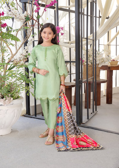 HK265 Zarora - Green Readymade Raw Silk Mummy n Me Suit - Memsaab Online