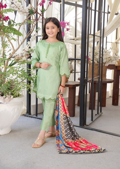 HK265 Zarora - Green Readymade Raw Silk Mummy n Me Suit - Memsaab Online