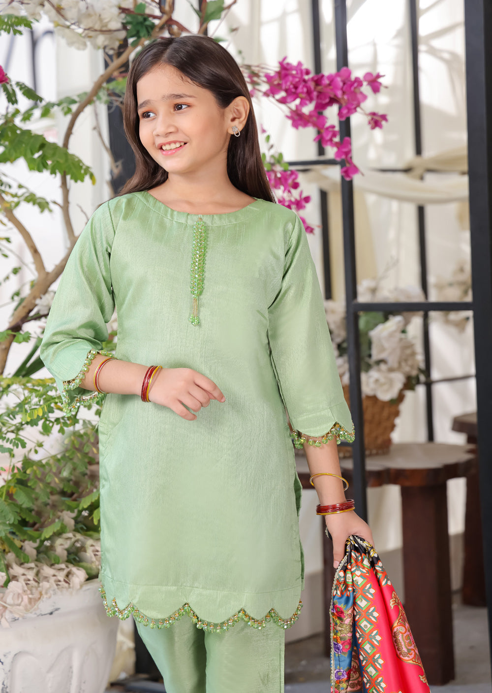 HK265 Zarora - Green Readymade Raw Silk Mummy n Me Suit - Memsaab Online