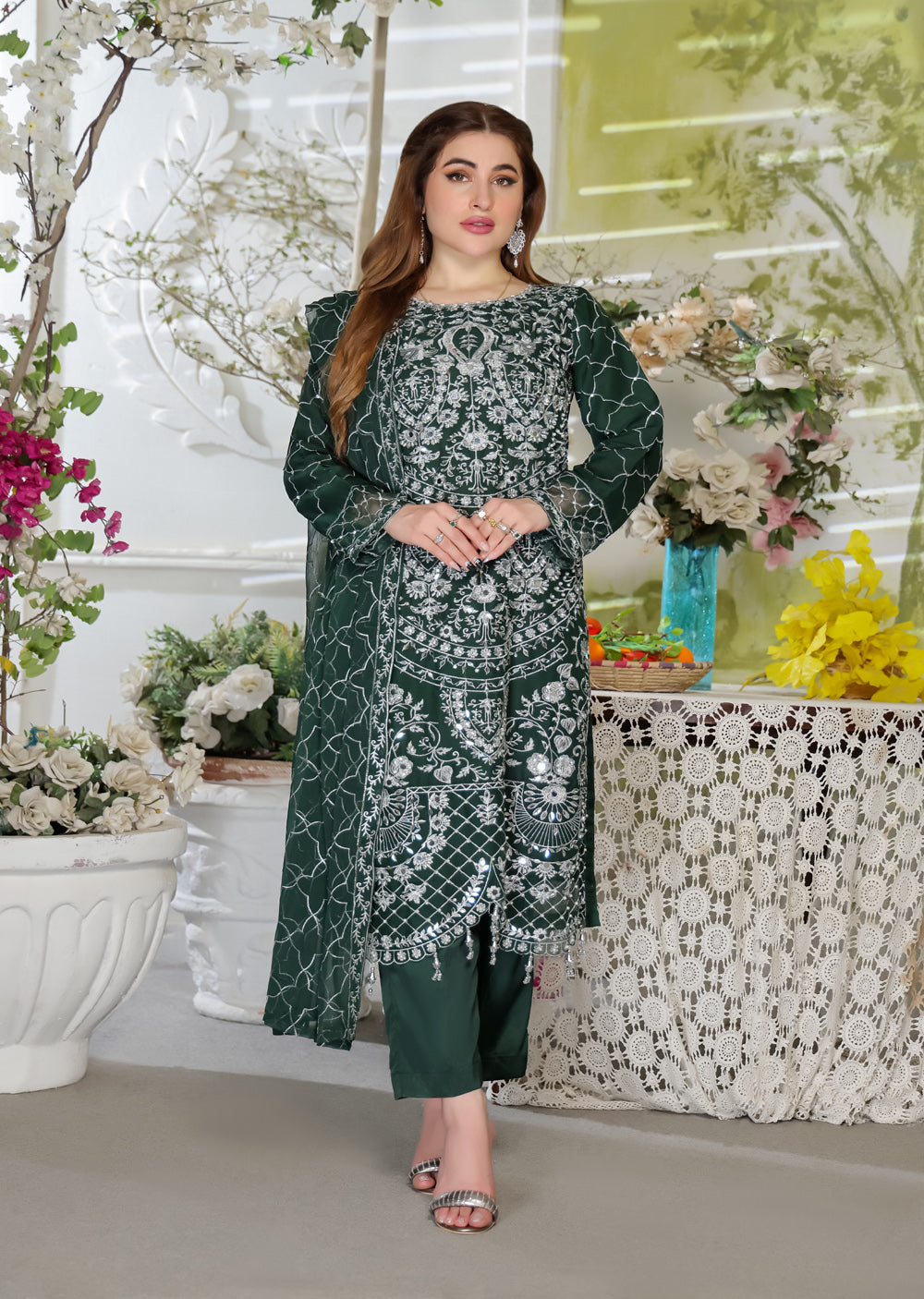 SLM607 Raina - Readymade Green Chiffon Outfit - Memsaab Online