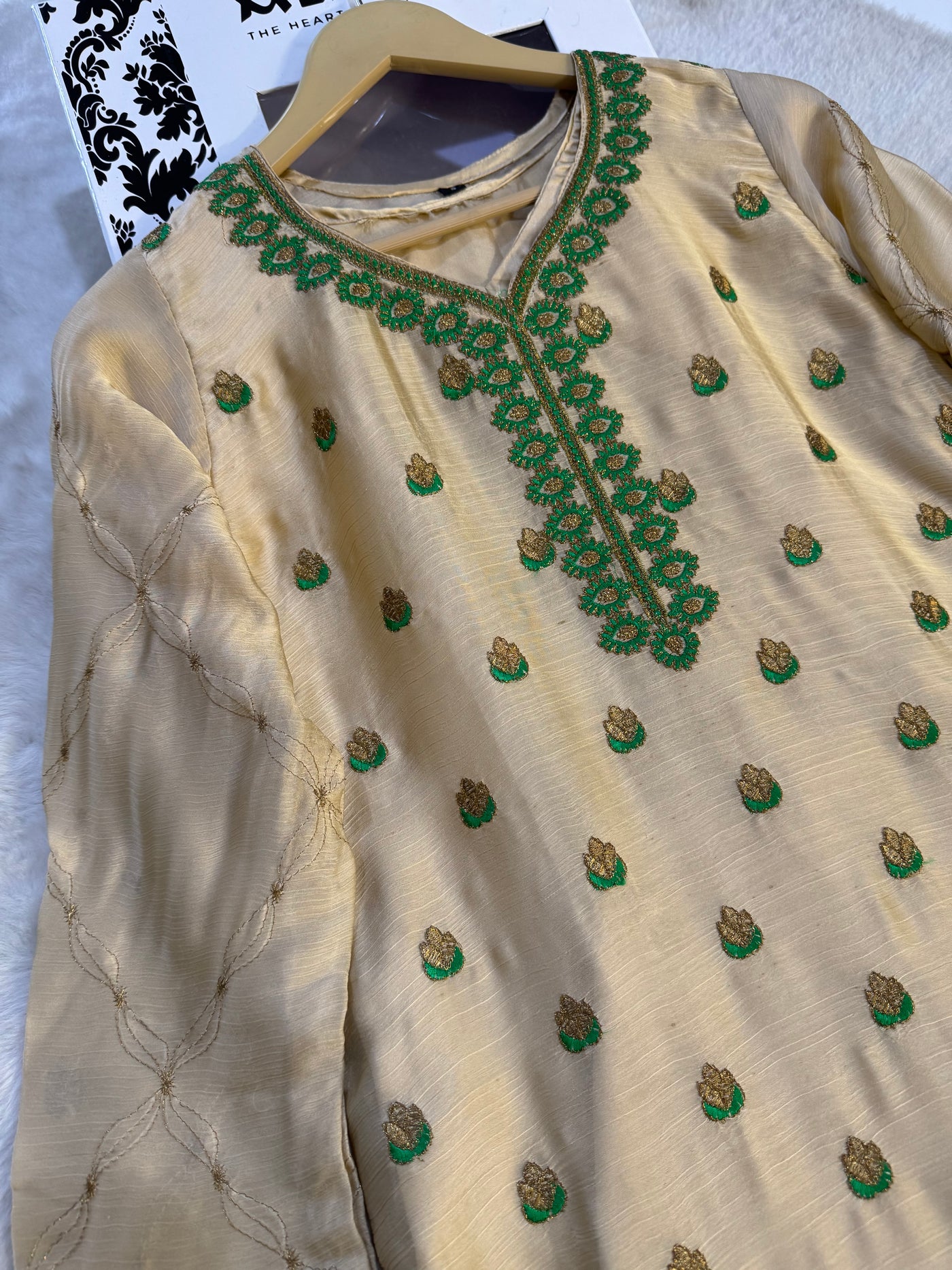 HSS-70 Gold/Green Readymade Cotton Suit - Memsaab Online