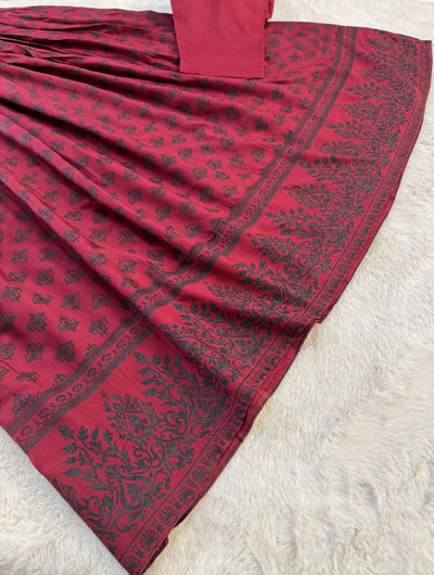 HK56 Bariqa - maroon Embroidered Linen Frock - Memsaab Online