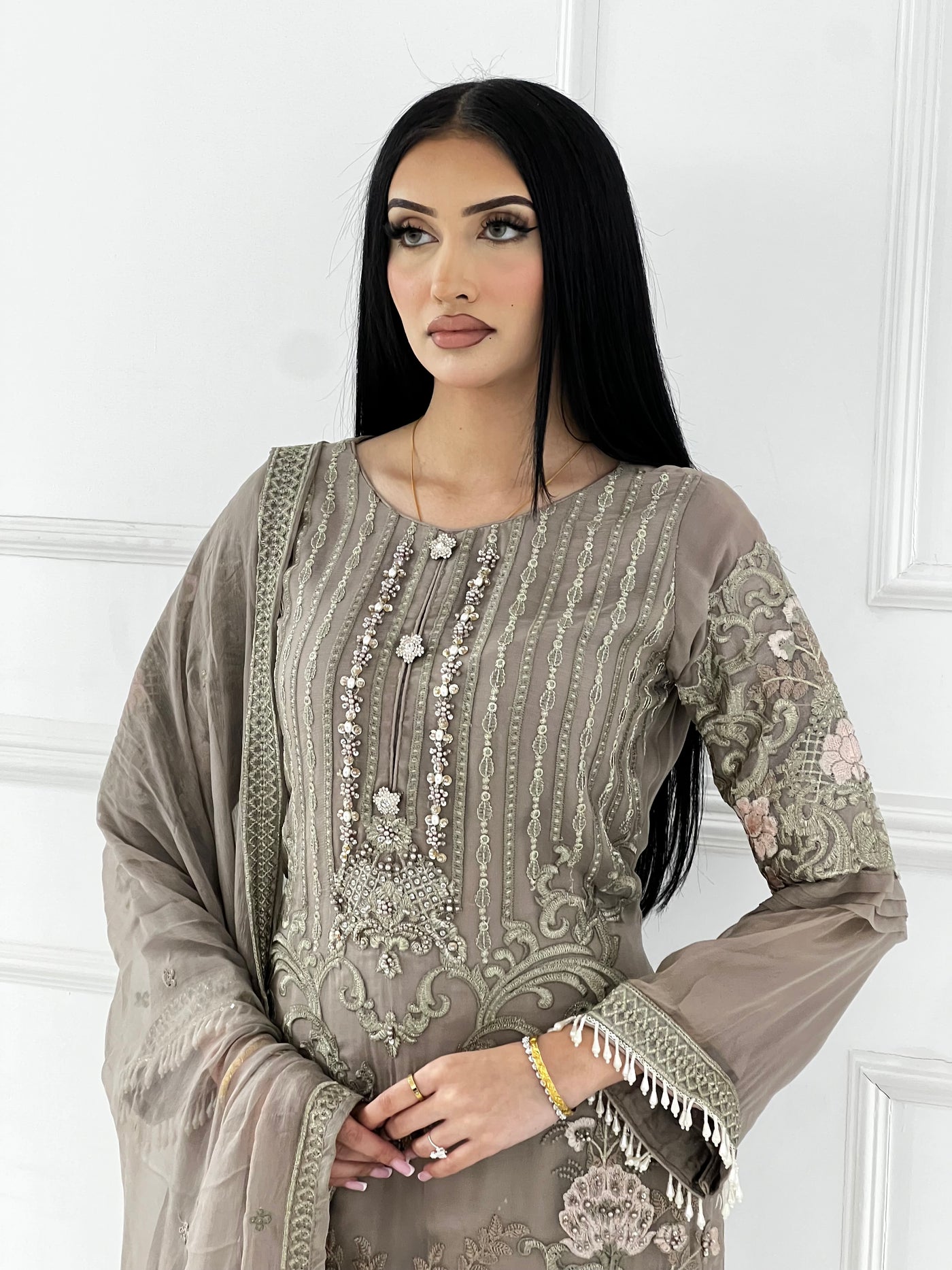 PS1729 Grey Readymade Chiffon Suit - Memsaab Online