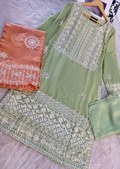 HK101 - Green - Readymade Linen outfit - Memsaab Online