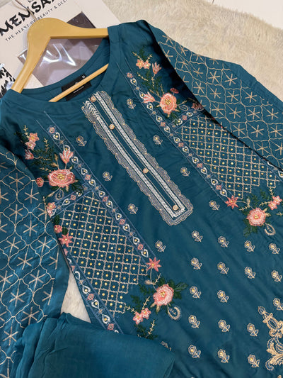 HK110 Safia - Teal Readymade Linen Suit - Memsaab Online