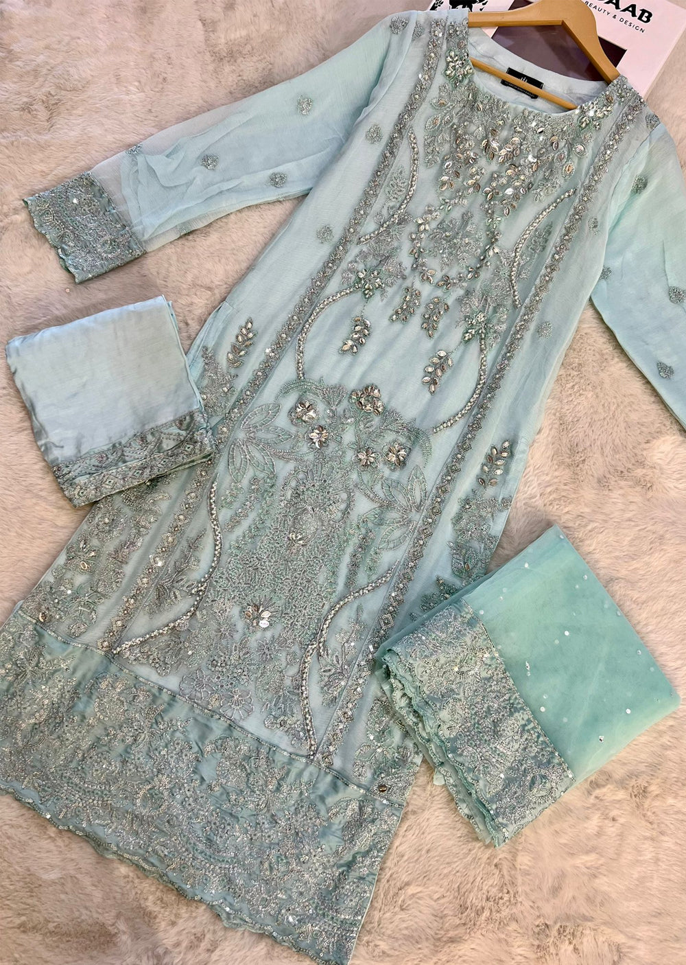 TM1001 Leiba - Turquosie Readymade Chiffon Suit - Memsaab Online