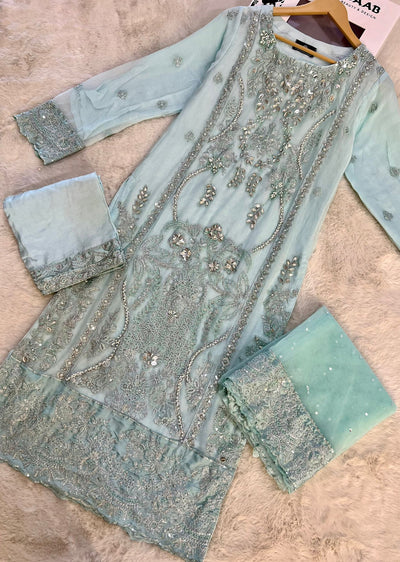 TM1001 Leiba - Turquosie Readymade Chiffon Suit - Memsaab Online