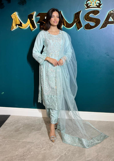 TM1001 Leiba - Turquosie Readymade Chiffon Suit - Memsaab Online