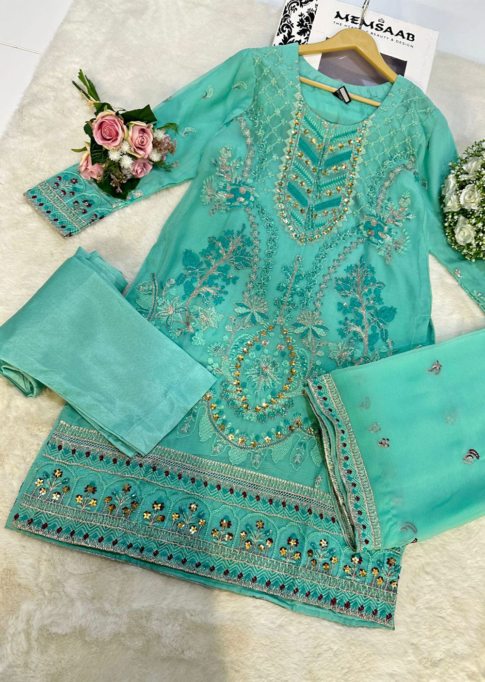 RGZ1007 Turquoise Readymade Chiffon Suit - Memsaab Online