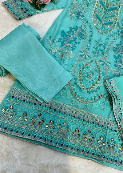 RGZ1007 Turquoise Readymade Chiffon Suit - Memsaab Online