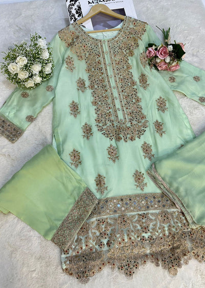 RGZ1008 Green Readymade Chiffon Suit - Memsaab Online