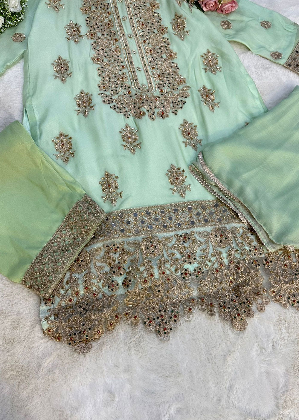 RGZ1008 Green Readymade Chiffon Suit - Memsaab Online