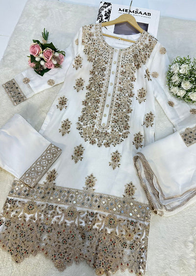 RGZ1011 White Readymade Chiffon Suit - Memsaab Online